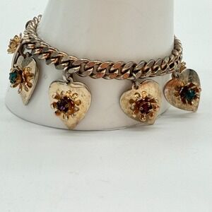 Vintage Barclay Gold Tone Heart Charm Bracelet Rhinestone Signed Chunky